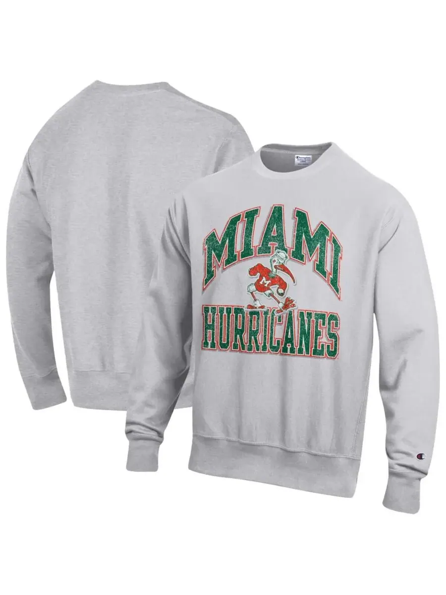 Champion Мужская серая толстовка с круглым вырезом и логотипом Miami Hurricanes с эффектом
