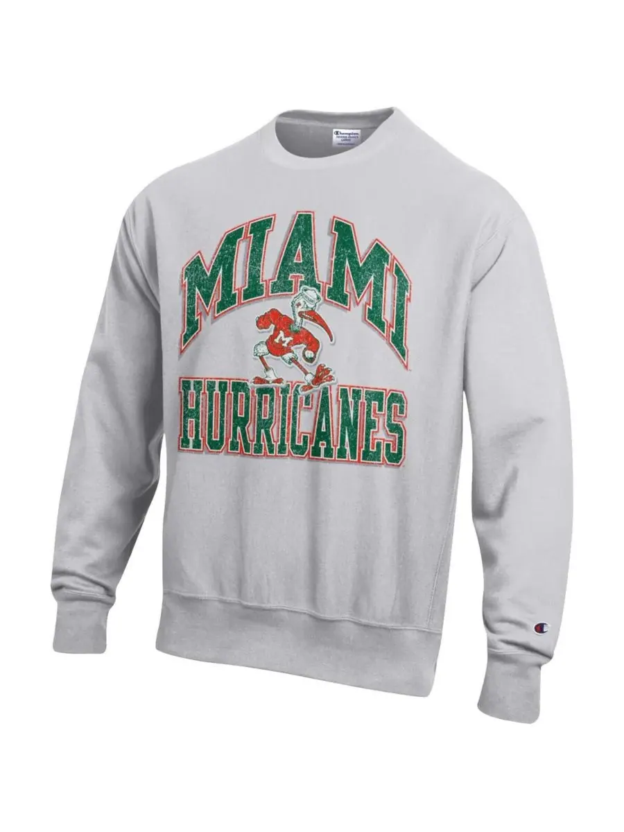 Champion Мужская серая толстовка с круглым вырезом и логотипом Miami Hurricanes с эффектом — изображение 3 из 3, серый