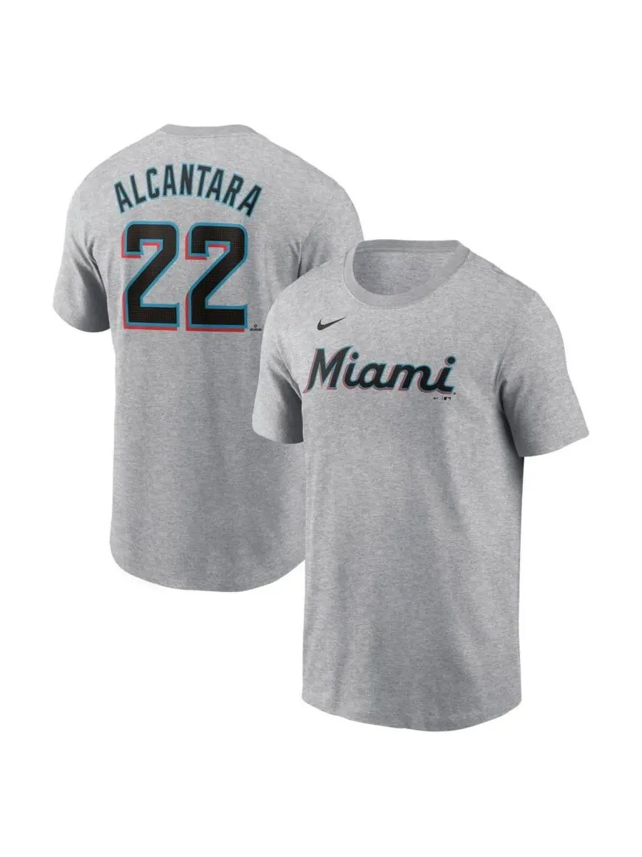 Nike Мужская футболка Sandy Alcantara Heather Gray Miami Marlins Fuse с номером и флажком