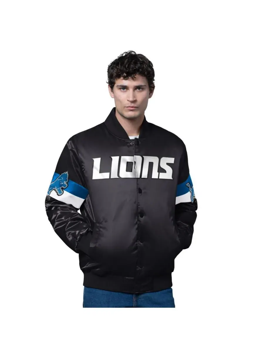 Starter Мужская черная куртка-бомбер Detroit Lions с тремя вариантами крепления и застежкой на
