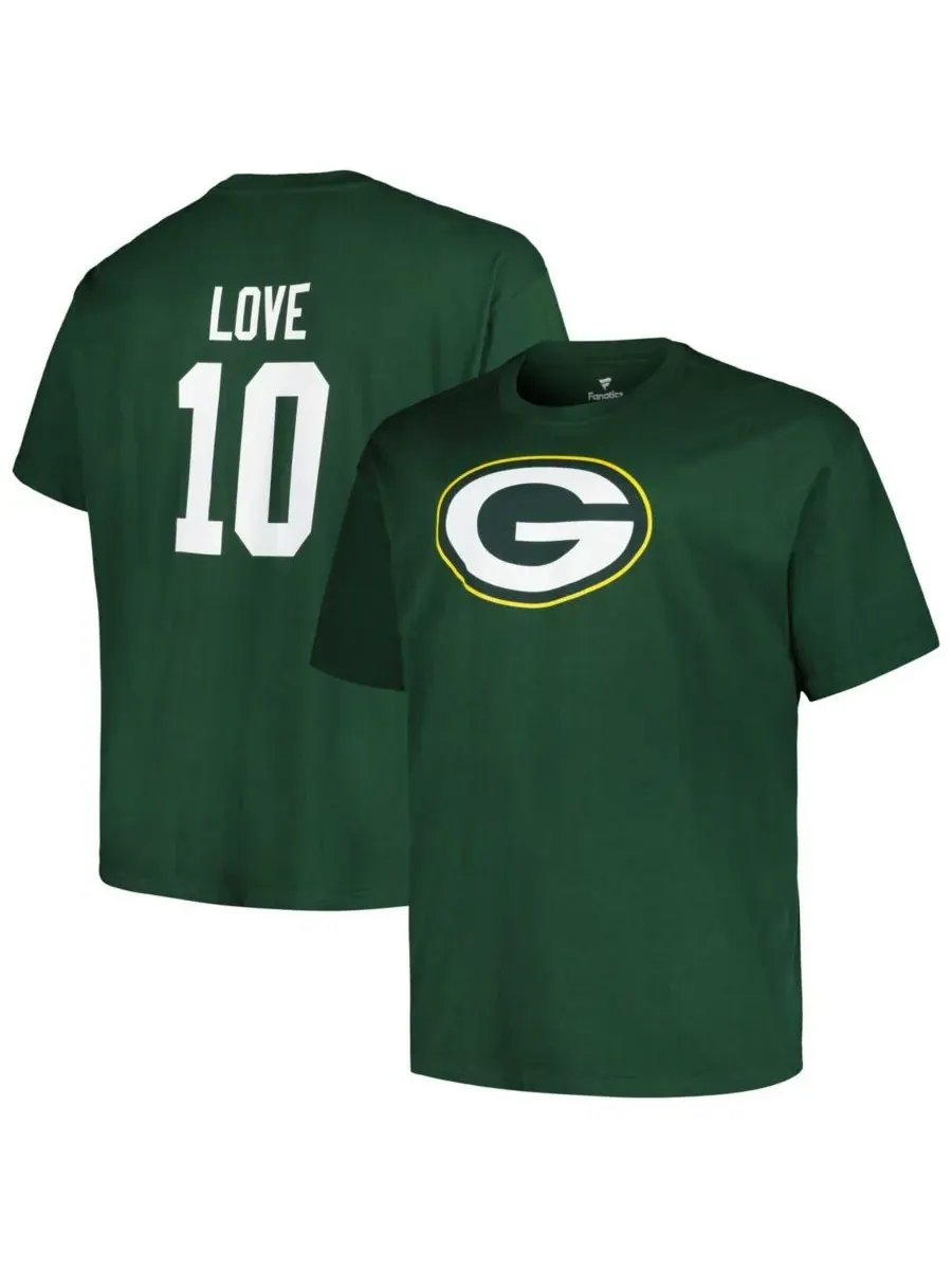 Fanatics Мужская футболка Jordan Love Green Green Bay Packers большого размера с именем и номером