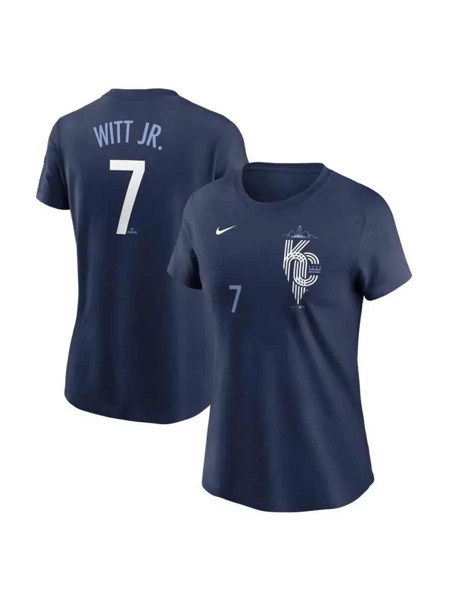Nike Женская футболка Bobby Witt Jr. Navy Kansas City Royals City Connect Fuse с номером игрока