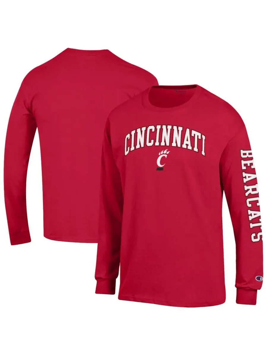 Champion Мужская красная футболка с длинным рукавом Cincinnati Bearcats Arch Over Logo 2-Hit