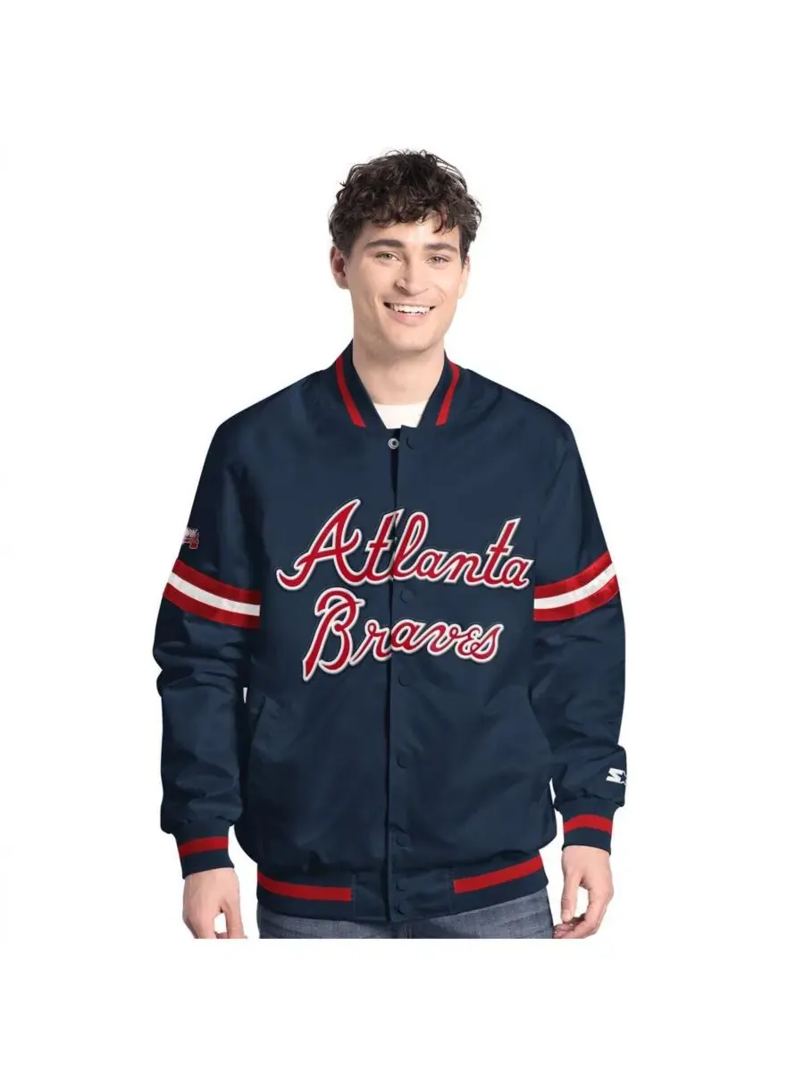 Starter Мужская темно-синяя куртка-бомбер Atlanta Braves Scout с застежкой на кнопках