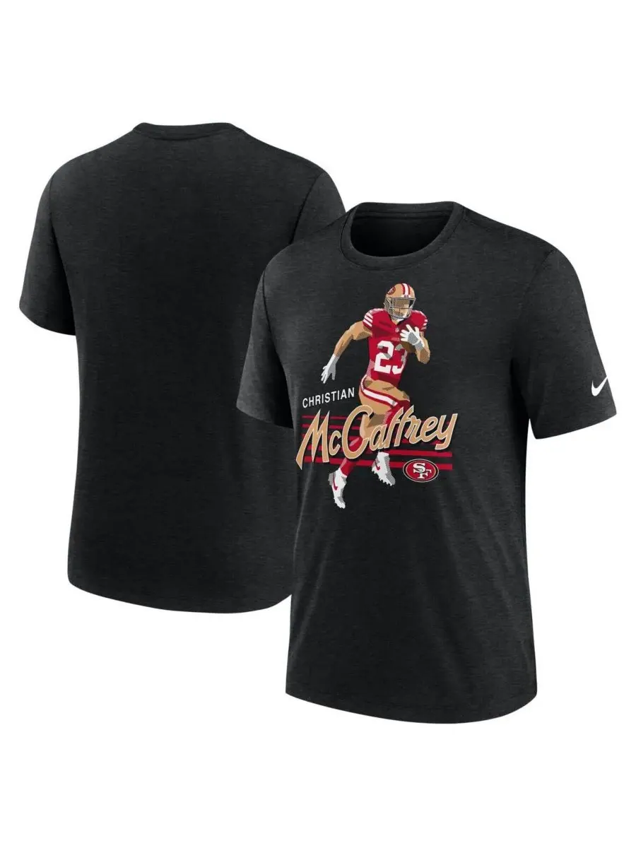Nike Мужская футболка Christian McCaffrey Heather Black с графическим изображением игрока команды