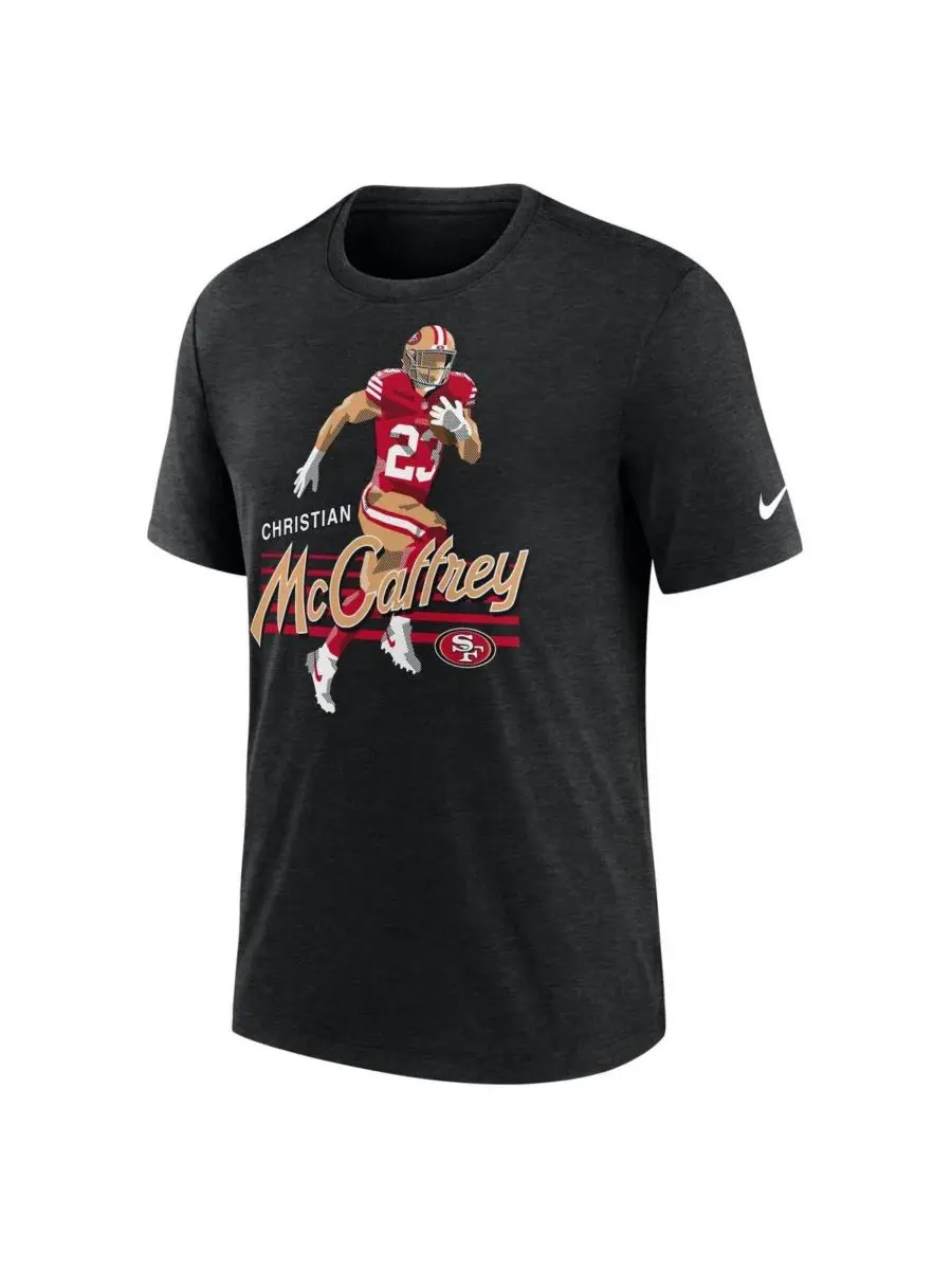 Nike Мужская футболка Christian McCaffrey Heather Black с графическим изображением игрока команды — изображение 3 из 3
