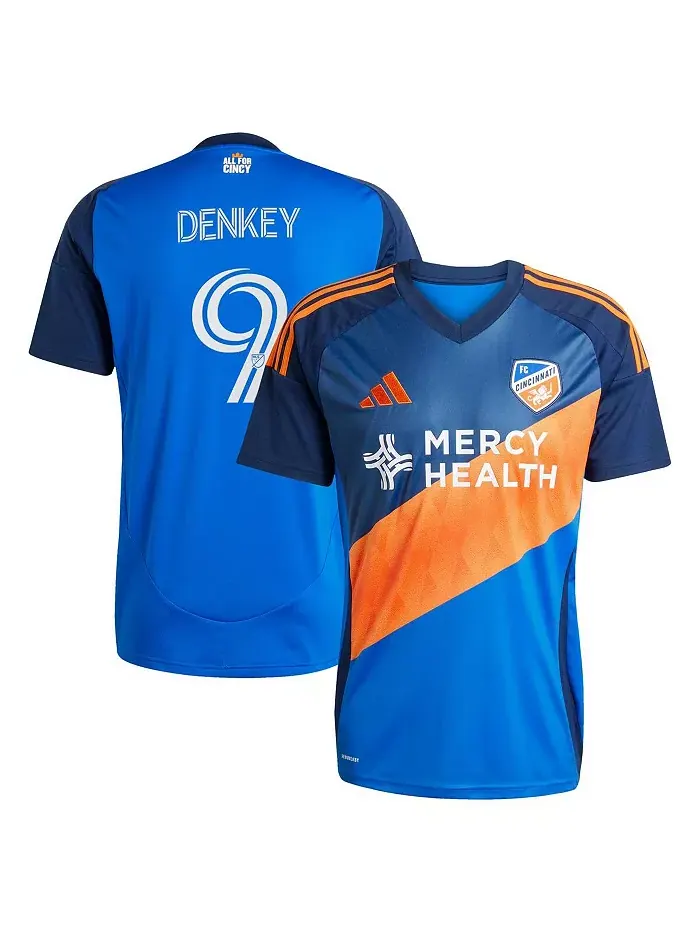 Мужская футболка Kevin Denkey Blue FC Cincinnati 2025 Orange and Blue Legacy Kit Replica Player