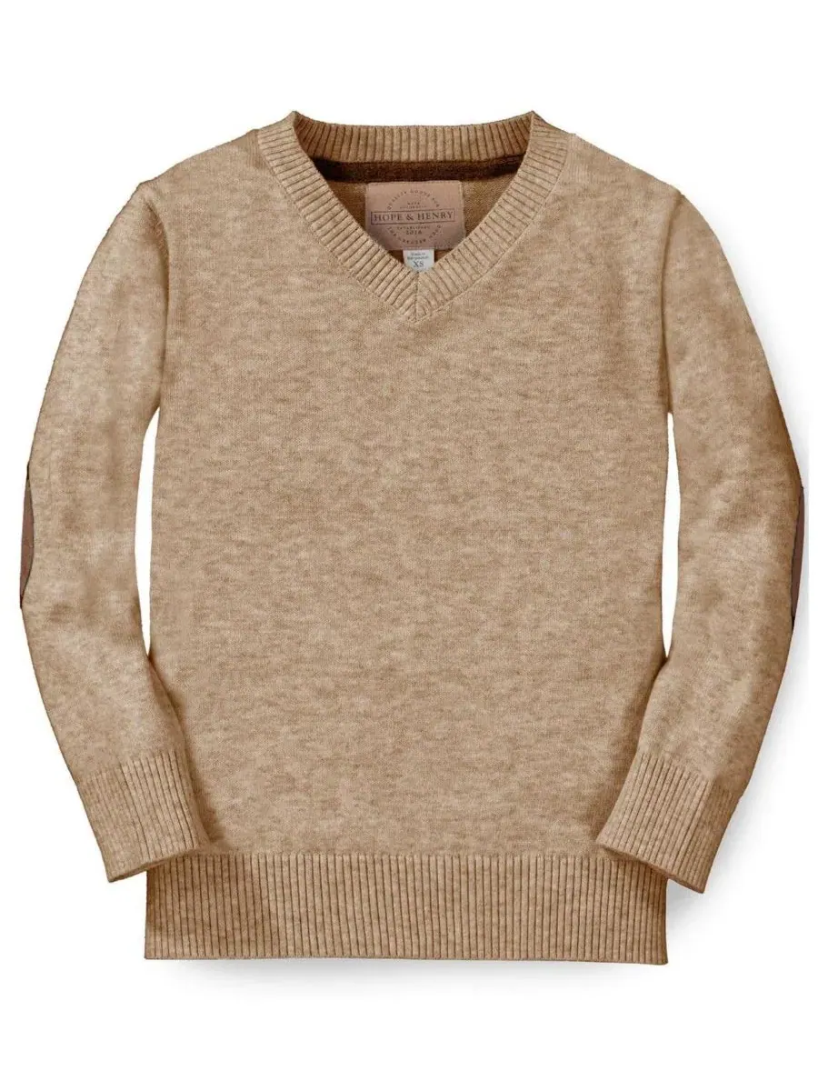 Свитер с V-образным вырезом и налокотниками Hope & Henry, Camel Heather