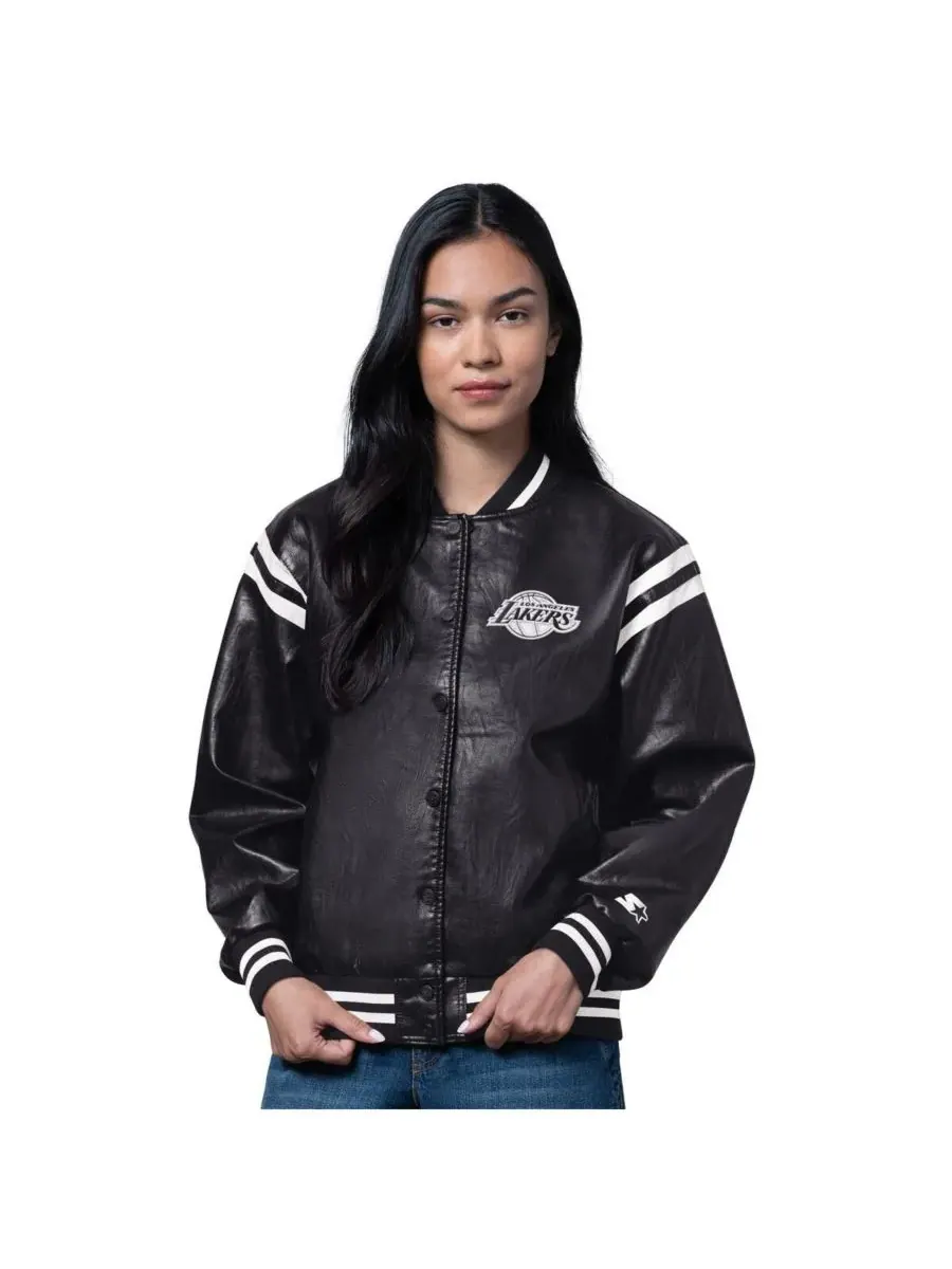 Starter Женская черная кожаная куртка Los Angeles Lakers High Heat Varsity с застежкой на кнопках