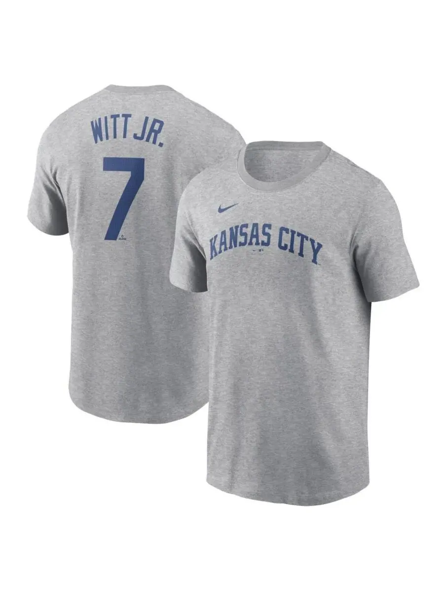 Nike Мужская серая футболка Bobby Witt Jr. Kansas City Royals Fuse с фьюзом и номером игрока