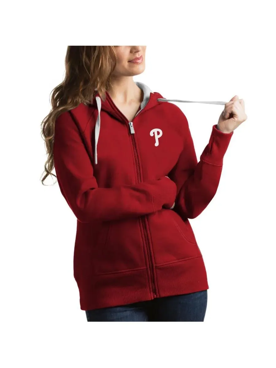 Antigua Женская красная толстовка на молнии с символикой команды Philadelphia Phillies Victory