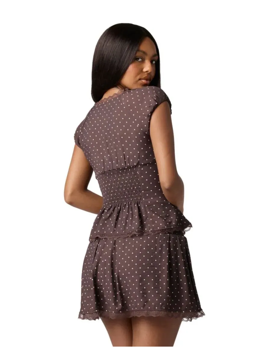 Топ с кружевной отделкой и принтом, с коротким рукавом FLORENCE BY MILLS, Brwn Polkadot — изображение 5 из 6