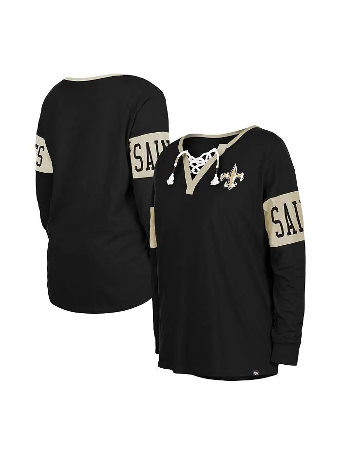 Женская черная футболка New Orleans Saints со шнуровкой и вырезом с длинными рукавами New Era