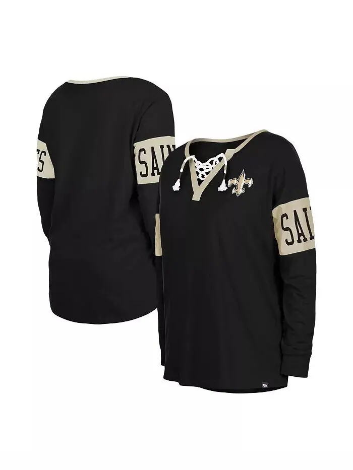 Женская черная футболка New Orleans Saints со шнуровкой и вырезом с длинными рукавами New Era — изображение 1 из 3
