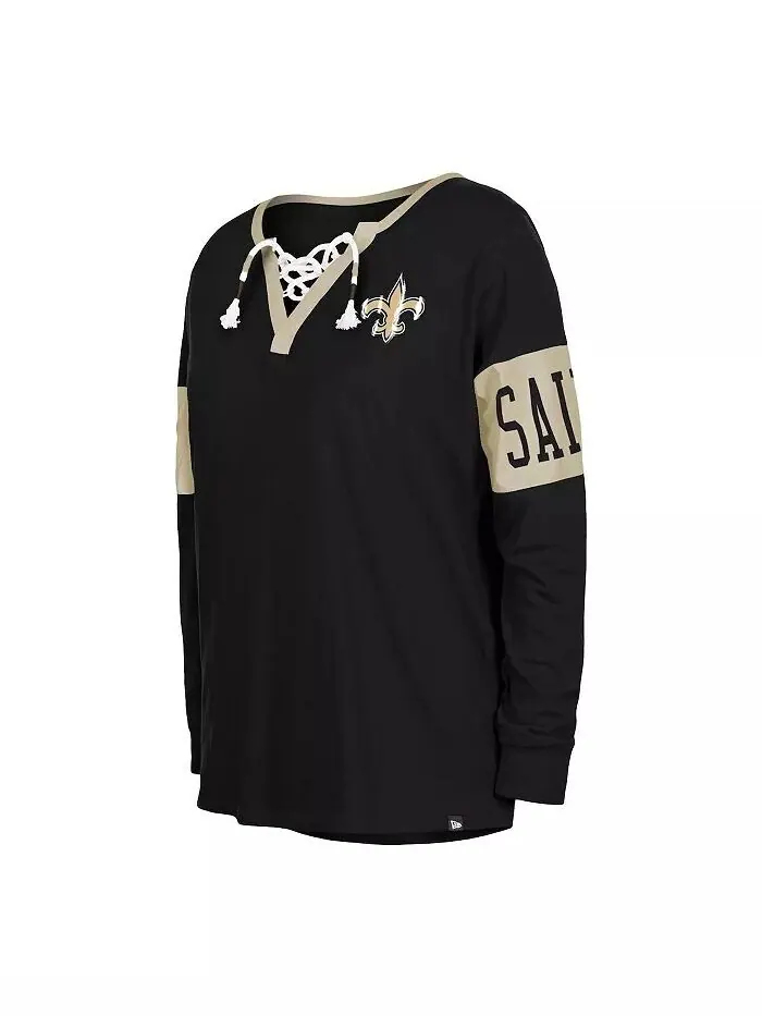 Женская черная футболка New Orleans Saints со шнуровкой и вырезом с длинными рукавами New Era — изображение 2 из 3