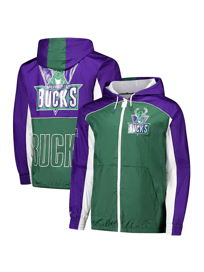 Мужская зелено-фиолетовая ветровка Milwaukee Bucks Hardwood Classics Big Shot Premium на молнии