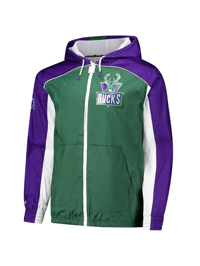 Мужская зелено-фиолетовая ветровка Milwaukee Bucks Hardwood Classics Big Shot Premium на молнии — изображение 2 из 3