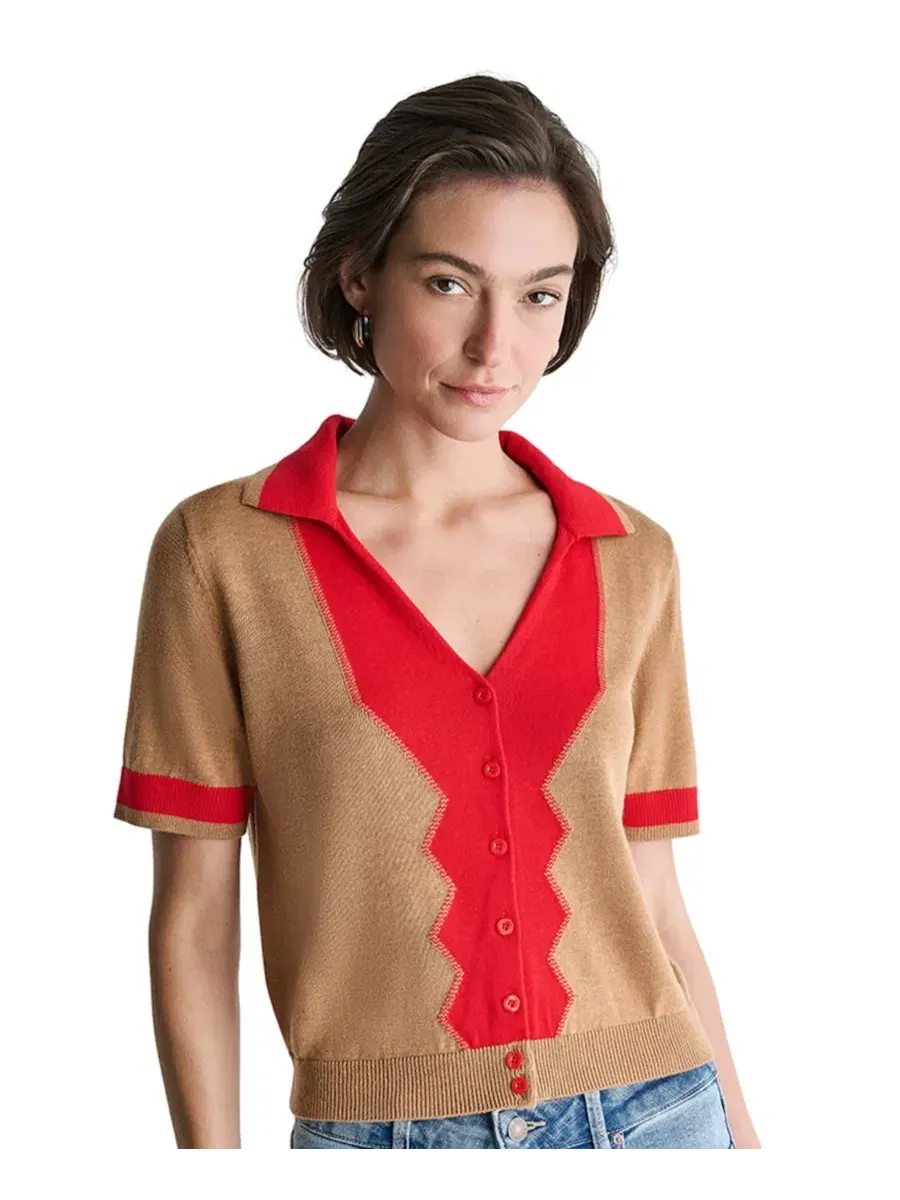Женский пуловер-поло с коротким рукавом, цветблок BCBG, Toffee Dust/Rouge Volt