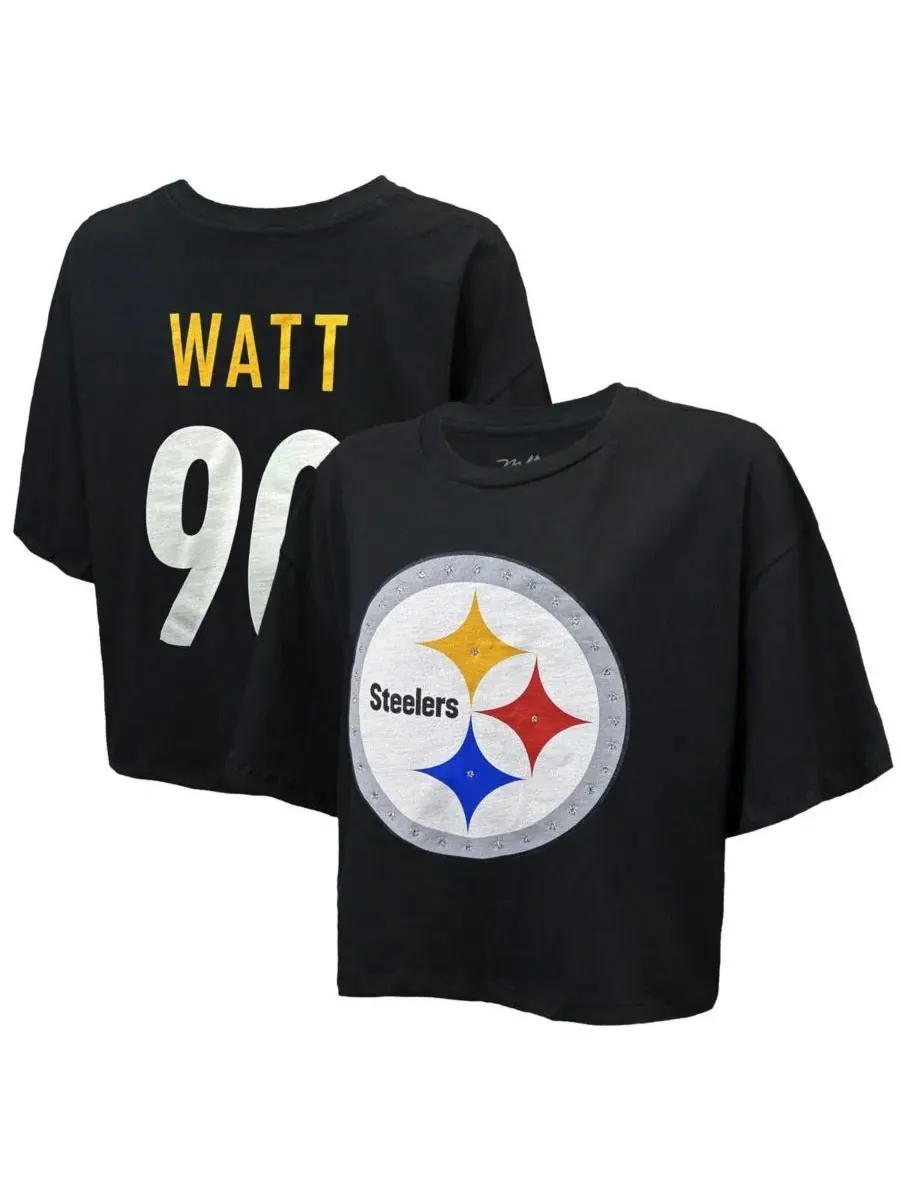 Женская футболка TJ Watt черного цвета с логотипом Pittsburgh Steelers, украшенная кристаллами