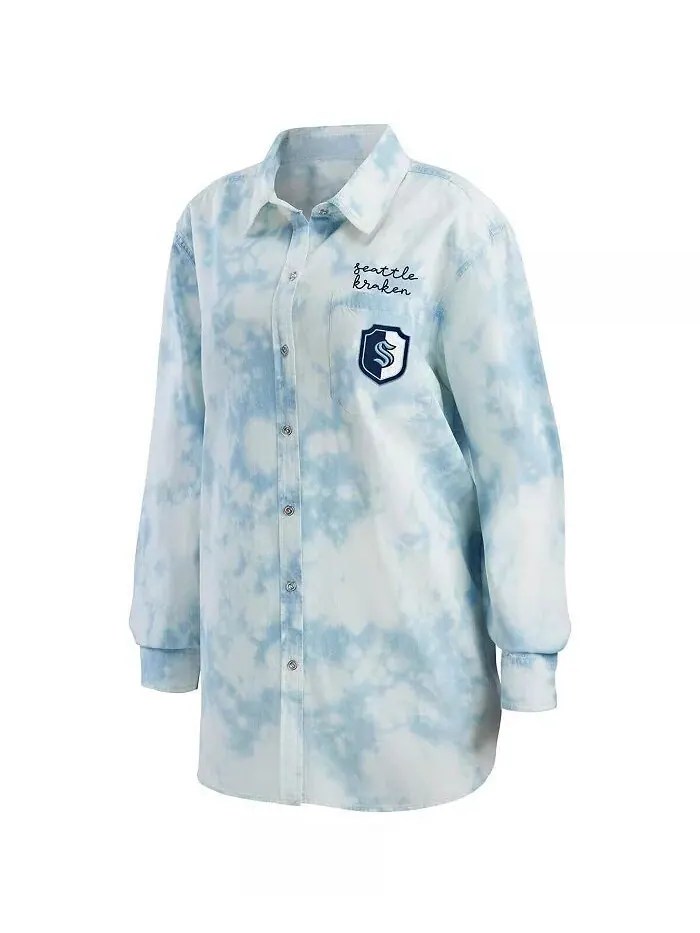 Женская белая джинсовая рубашка на пуговицах Seattle Kraken Oversized с принтом тай-дай Wear By — изображение 3 из 4