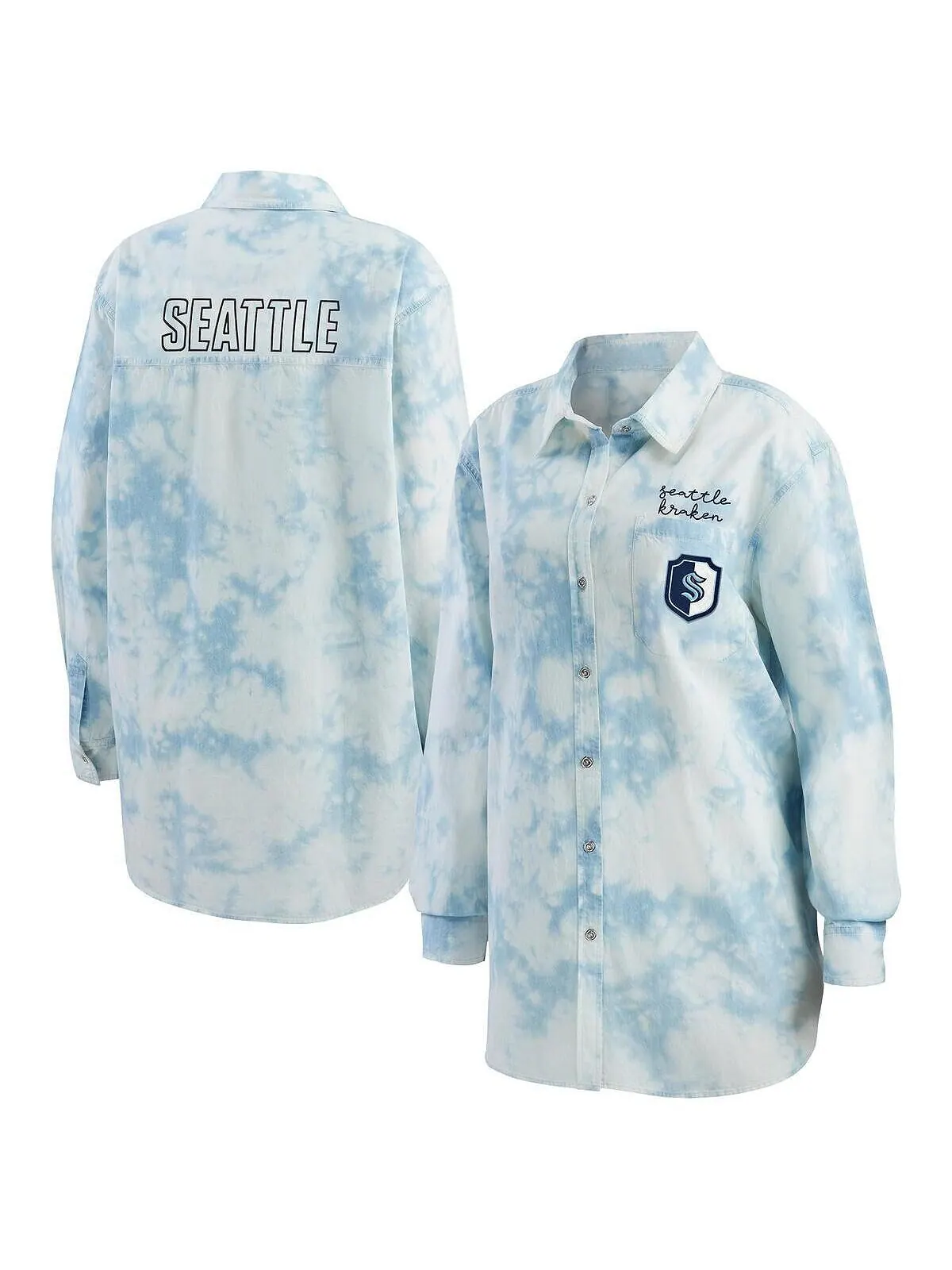 Женская белая джинсовая рубашка на пуговицах Seattle Kraken Oversized с принтом тай-дай WEAR by