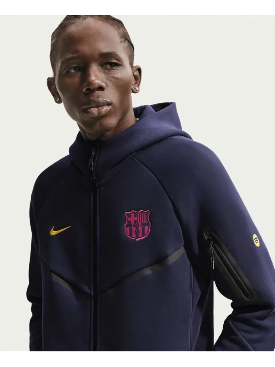 Худи-ветровка с капюшоном и полной молнией, Tech Fleece, Barcelona Nike — изображение 3 из 5, темно-синий