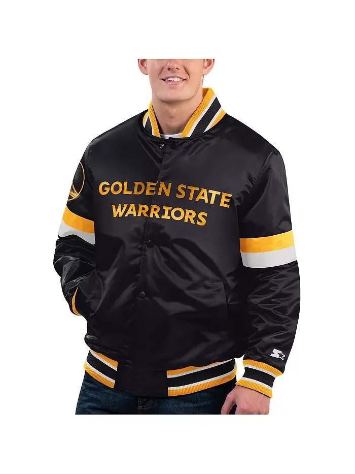 Мужская черная атласная бейсбольная куртка Golden State Warriors с полной застежкой на молнию