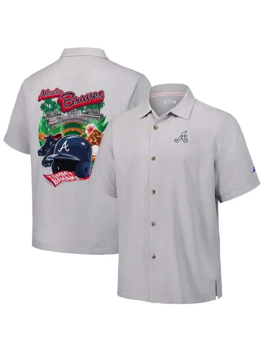 Tommy Bahama Мужская серая шелковая рубашка на пуговицах с надписью "Atlanta Braves Hit and Run"