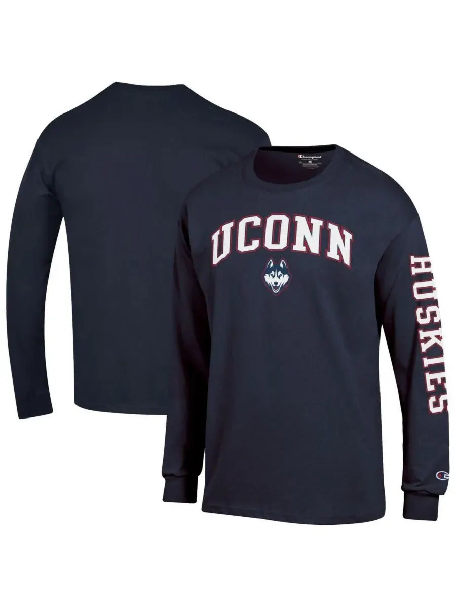 Champion Мужская темно-синяя футболка с длинным рукавом UConn Huskies Arch Over Logo 2-Hit
