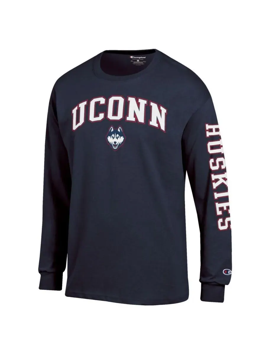 Champion Мужская темно-синяя футболка с длинным рукавом UConn Huskies Arch Over Logo 2-Hit — изображение 2 из 3, темно-синий