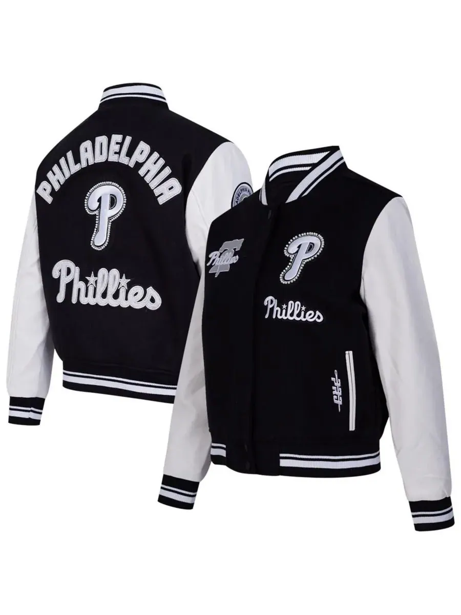 Pro Standard Женская черная шерстяная куртка-бомбер Philadelphia Phillies в рубчик, на молнии