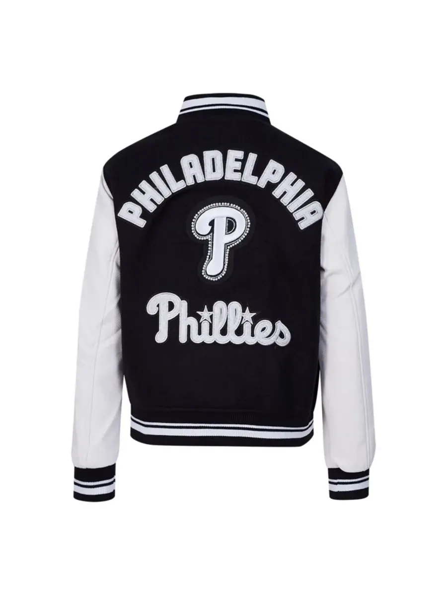 Pro Standard Женская черная шерстяная куртка-бомбер Philadelphia Phillies в рубчик, на молнии — изображение 2 из 5, черный