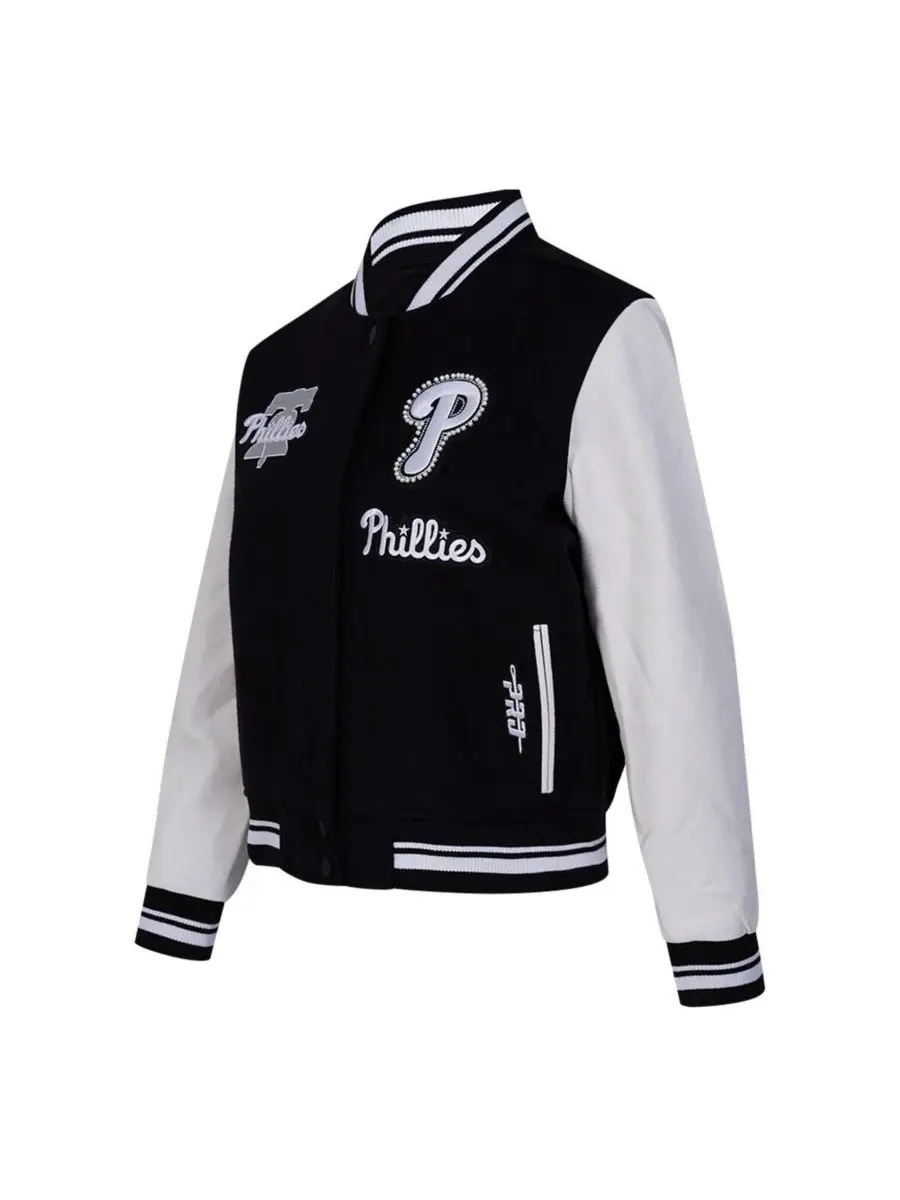 Pro Standard Женская черная шерстяная куртка-бомбер Philadelphia Phillies в рубчик, на молнии — изображение 4 из 5, черный