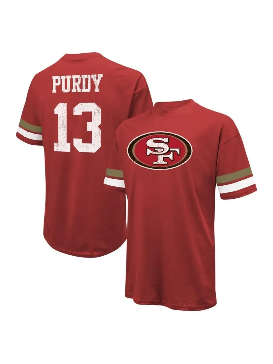 Мужская футболка Threads Brock Purdy Scarlet Distressed San Francisco 49ers с именем и номером