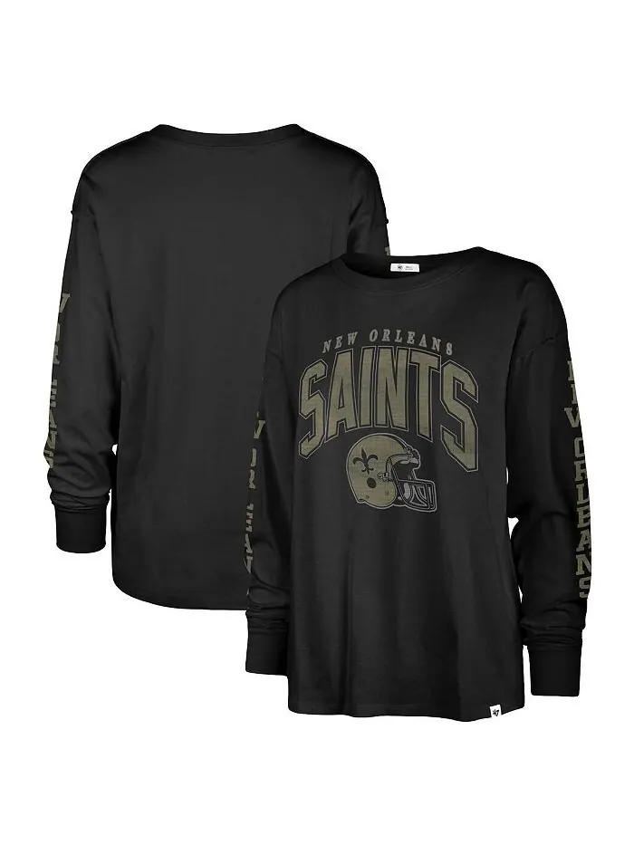 Женская черная рваная футболка с длинным рукавом New Orleans Saints Tom Cat '47 Brand