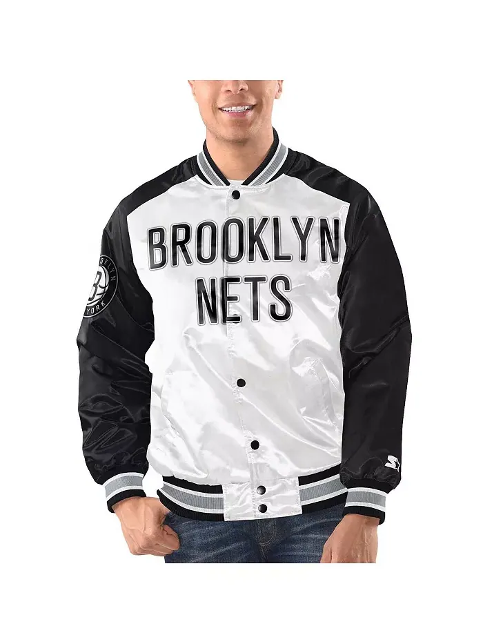 Мужская бело-черная бейсбольная куртка Brooklyn Nets Renegade на молнии из сатина Starter