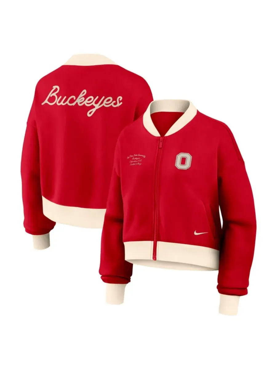 Женская куртка-бомбер из флиса оверсайз укороченная Nike Ohio State Buckeyes