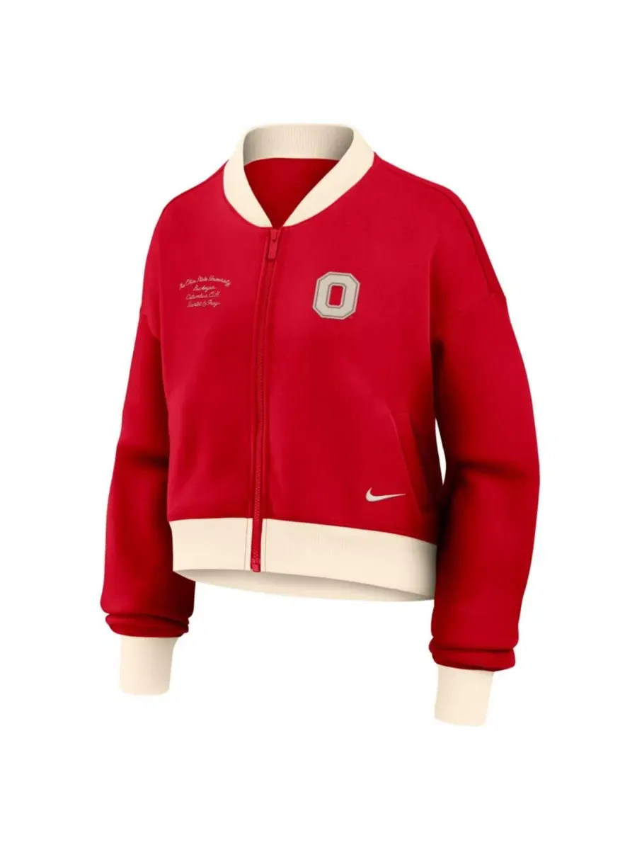 Женская куртка-бомбер из флиса оверсайз укороченная Nike Ohio State Buckeyes — изображение 2 из 3, алый