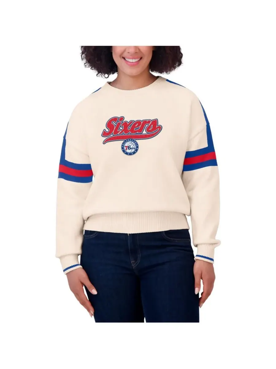 WEAR by Erin Andrews Женский кремовый полосатый пуловер с символикой Philadelphia 76ers — изображение 2 из 4, бежевый