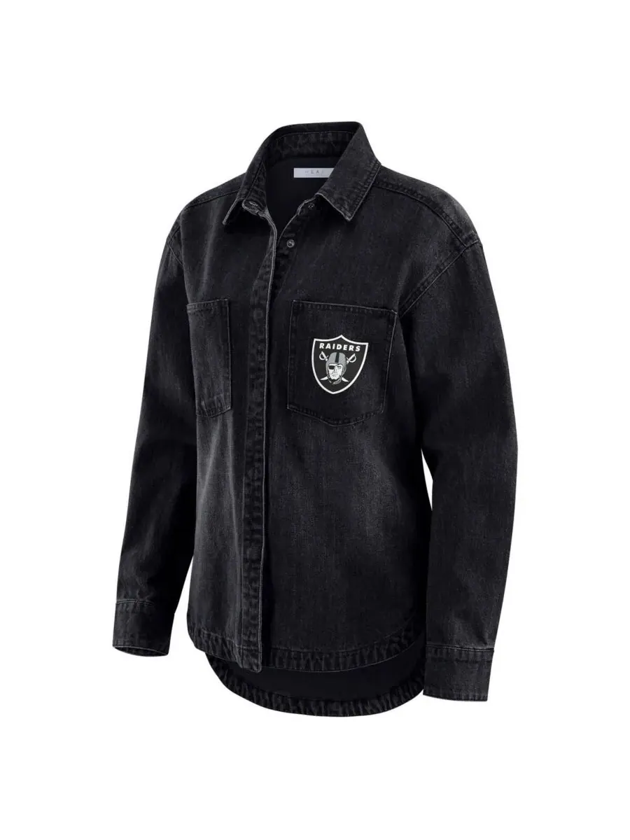 WEAR by Erin Andrews Женская черная джинсовая куртка-рубашка Las Vegas Raiders оверсайз с застежкой — изображение 2 из 3