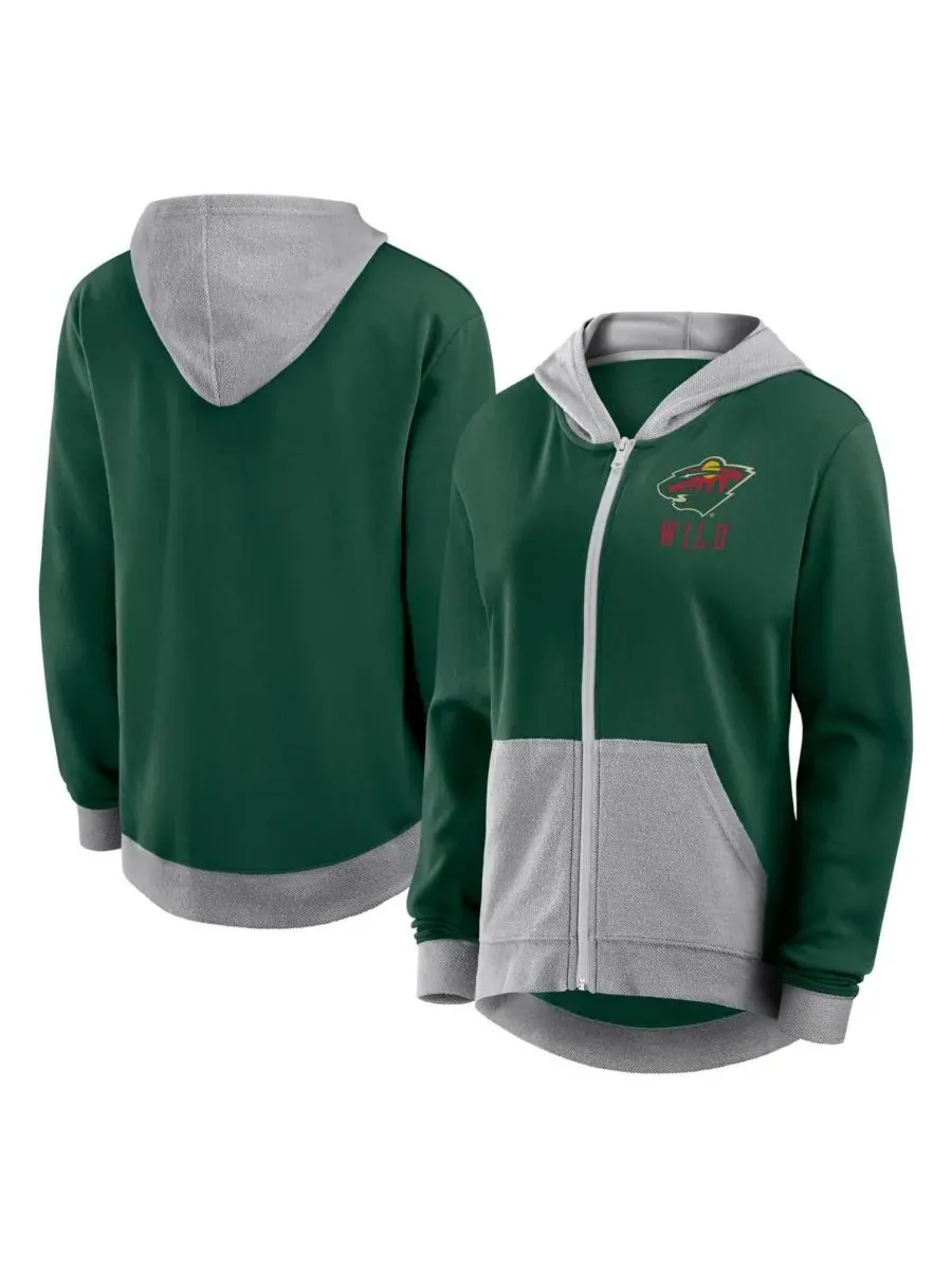 Logo Athletic Женская зеленая толстовка на молнии Minnesota Wild Hit It из французского махрового