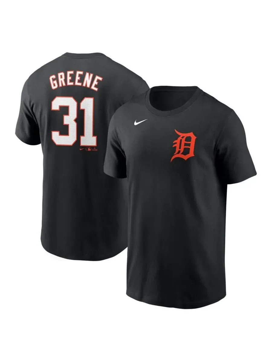 Nike Мужская черная футболка Riley Greene Detroit Tigers с фузером и номером игрока
