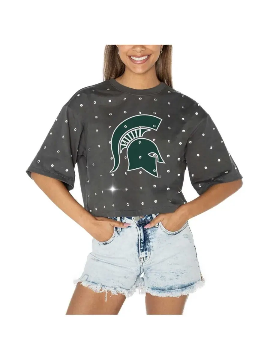 Gameday Couture Женская серая укороченная футболка Michigan State Spartans Go Time со стразами