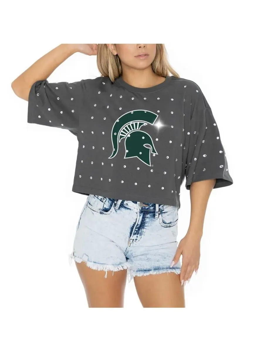 Gameday Couture Женская серая укороченная футболка Michigan State Spartans Go Time со стразами — изображение 3 из 5, серый