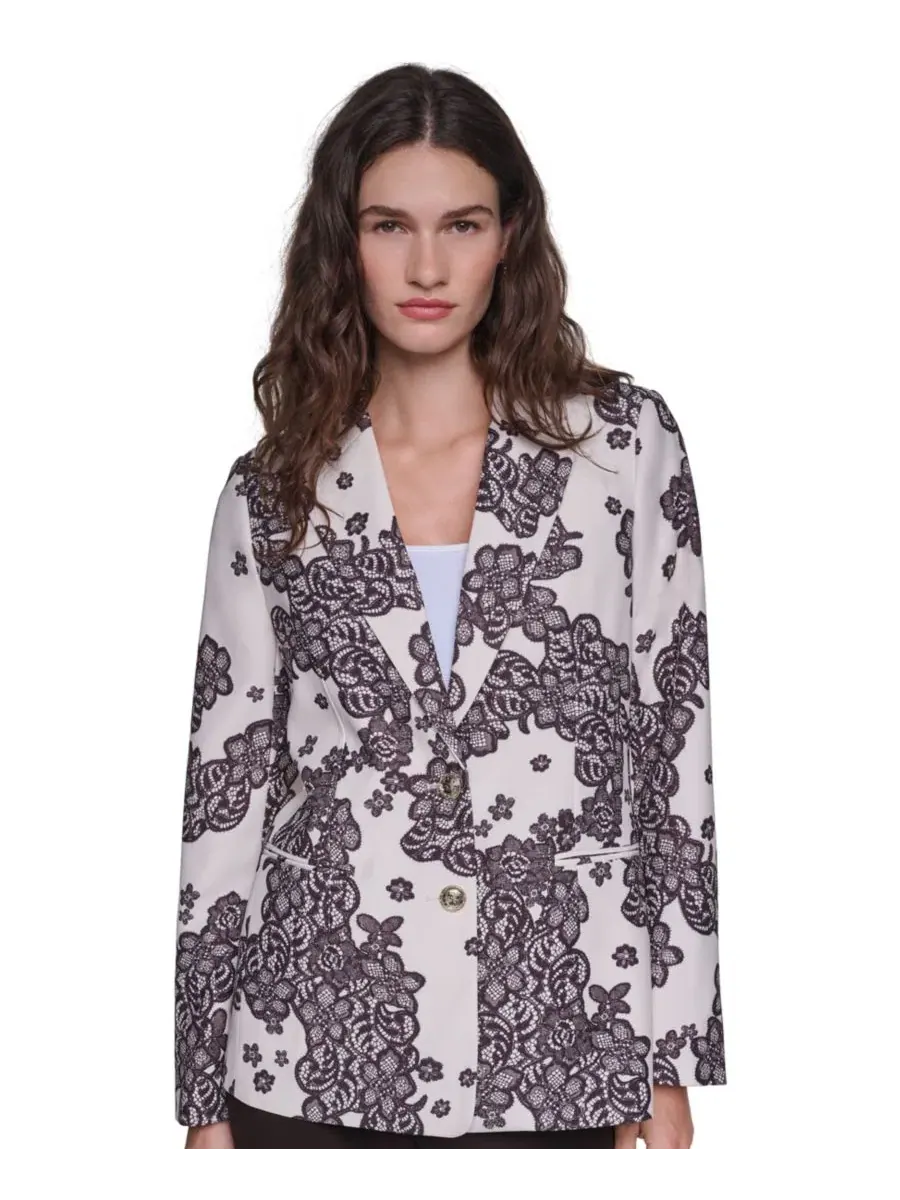 Жакет с цветочным кружевным принтом Petite Floral Lace Blazer KARL LAGERFELD PARIS, Birch Chocolate