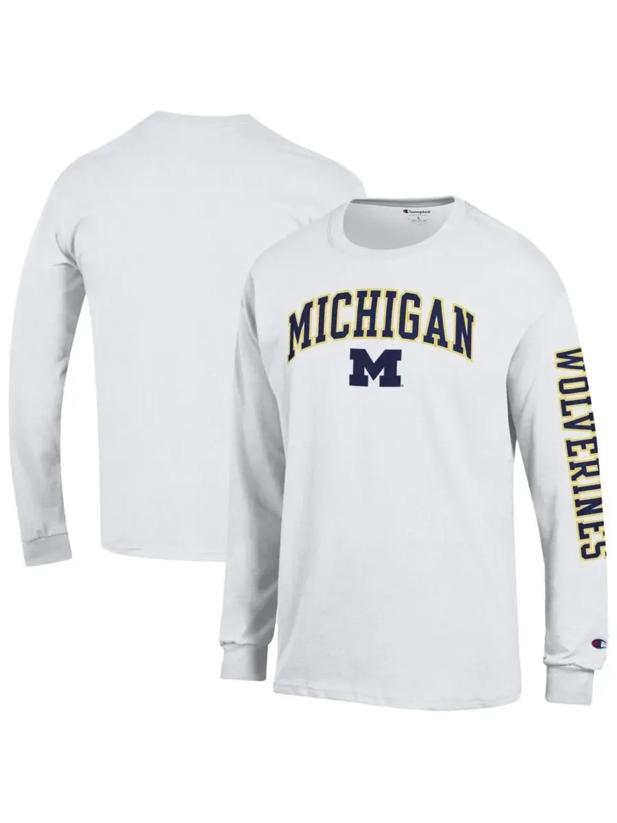 Champion Мужская белая футболка с длинными рукавами Michigan Wolverines Arch Over Logo 2-Hit