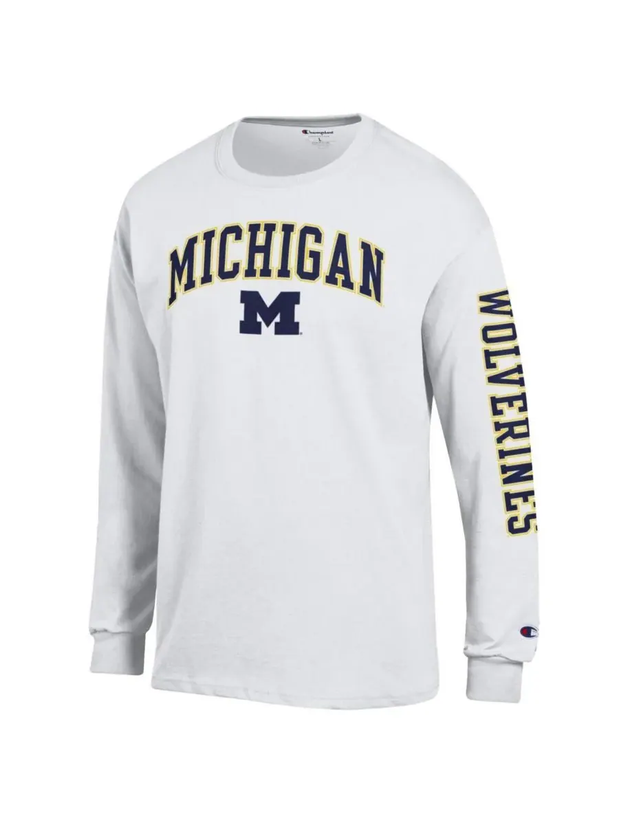 Champion Мужская белая футболка с длинными рукавами Michigan Wolverines Arch Over Logo 2-Hit — изображение 3 из 3, белый