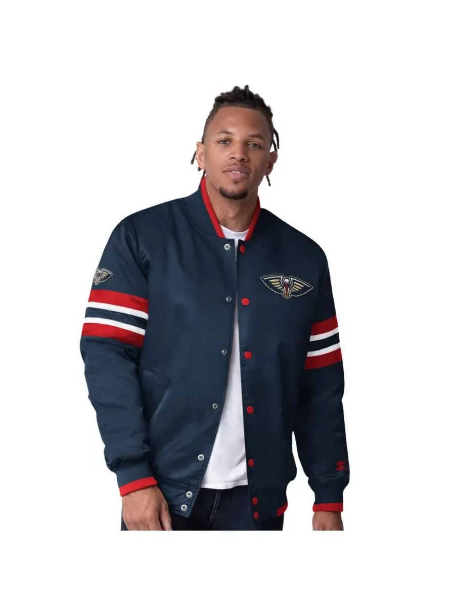 Starter Мужская темно-синяя атласная куртка-бомбер New Orleans Pelicans Scout Varsity с застежкой