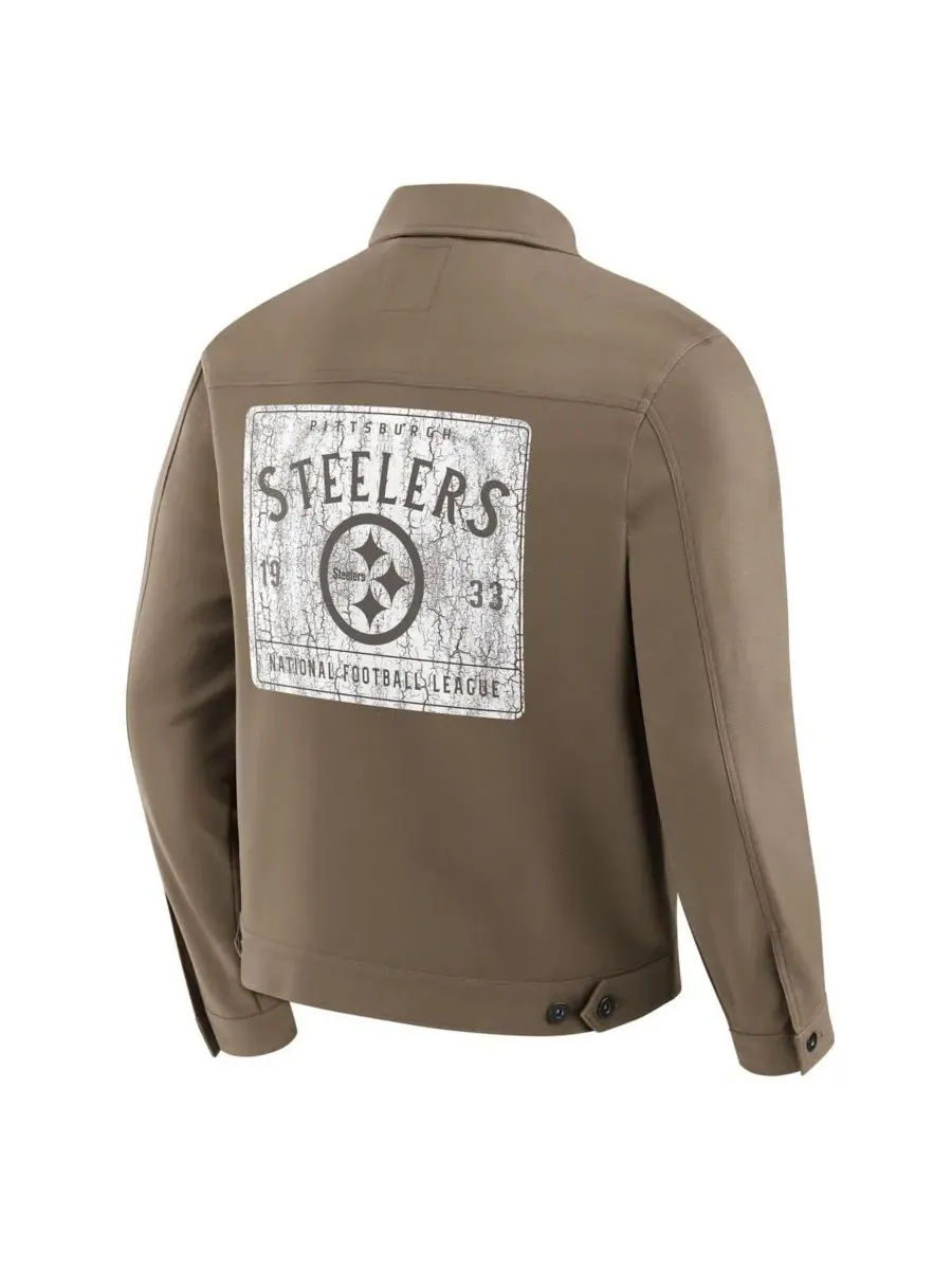 Fanatics Мужская куртка-тракер бежевого цвета с логотипом Pittsburgh Steelers, на пуговицах — изображение 3 из 5, бежевый