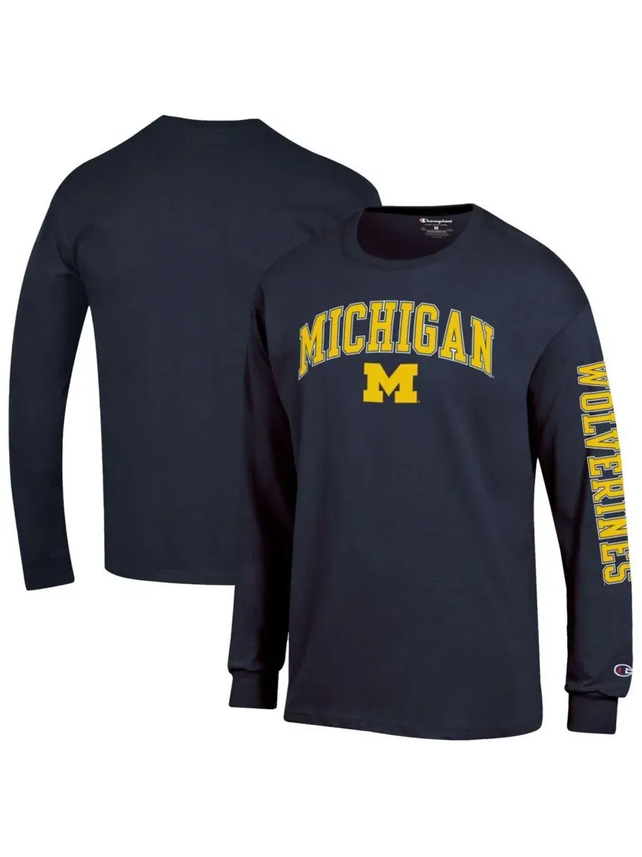 Champion Мужская темно-синяя футболка с длинным рукавом Michigan Wolverines Arch Over Logo 2-Hit